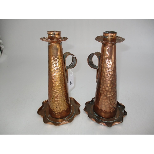 389 - Pair of Arts & Crafts Cornish Hammered Copper Candlesticks, 21cm