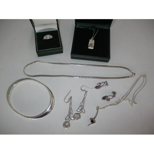 391 - Two Pairs of Silver Ear Drops, Ring, 3 Necklaces and a Bangle