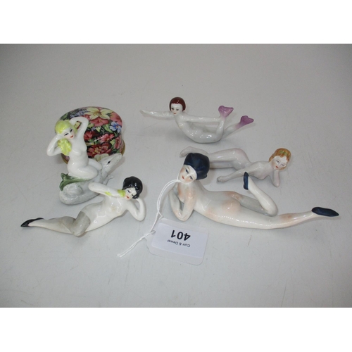 401 - Five Porcelain Bathing Beauties and a Royal Winton Trinket Box