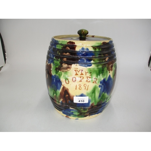 410 - Victorian Scottish Pottery Kitchen Jar Inscribed to Mrs Cooper 1891, 23cm