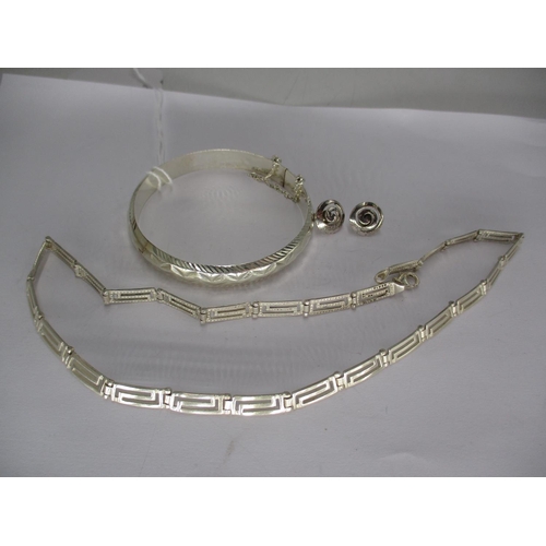 452 - Silver Hinge Bangle, Necklace and Pair of Ear Studs