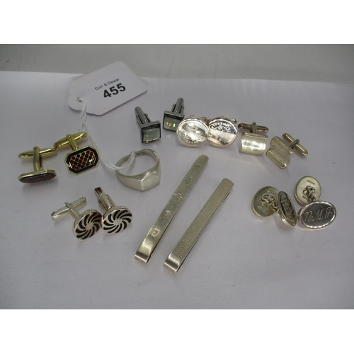 455 - Two Pairs of Silver Cufflinks, Silver Ring, 2 Silver Tie Slides and 4 Pairs of Cufflinks