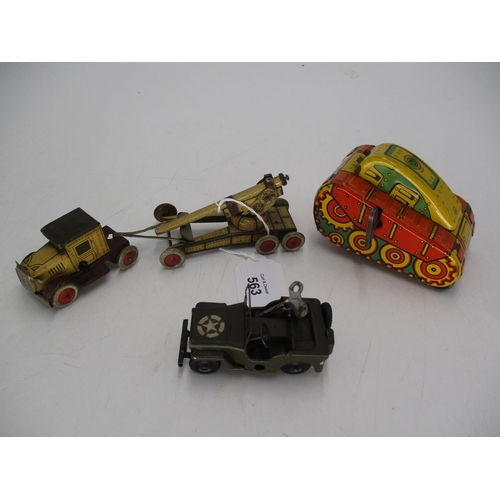 563 - Tin Plate Clockwork US Army Jeep, Tank and Vehicle with Field Gun