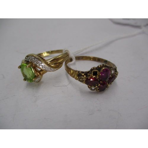 580 - 9ct Gold Diamond and Green Stone Ring and a 9ct Gold Garnet and Pearl Ring (one pearl missing), 4.1g... 