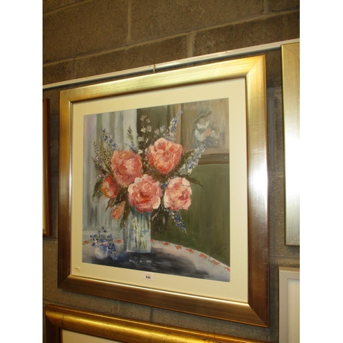 649 - Pat Metcalfe, Oil Painting, Peonies with Blue Flowers, 49x49cm