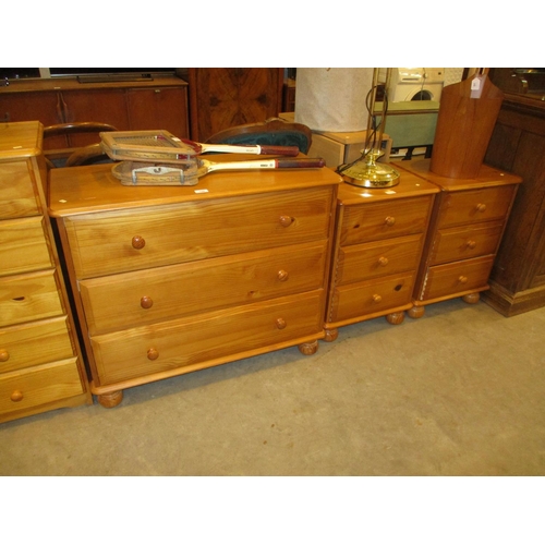 728 - Pine Chest of 3 Drawers and Pair of Bedside Chests, 90 and 47cm