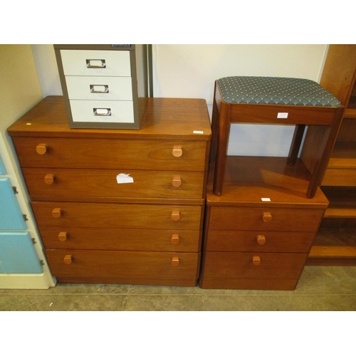 759 - Stag Teak Chest of 5 Drawers, Bedside Chest and Stool