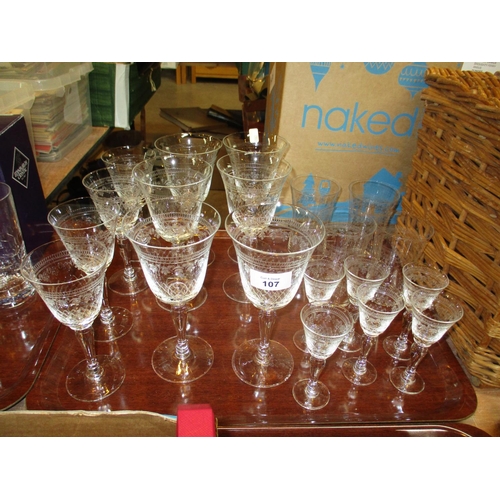 107 - Sets of 6 Etched Glass Wine Goblets and Port Glasses, and Sets of 4 Sherry Glasses and Tumblers