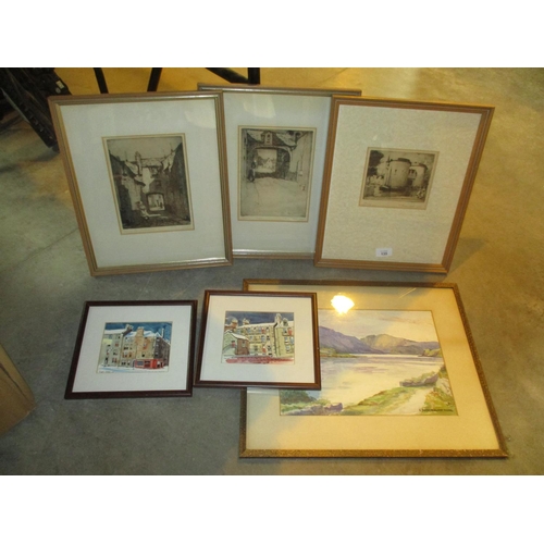 135 - Three Etchings by Thomas Bonar Lyon 1873-1955, Watercolour by E. Fotheringham Young and 2 Small Pict... 