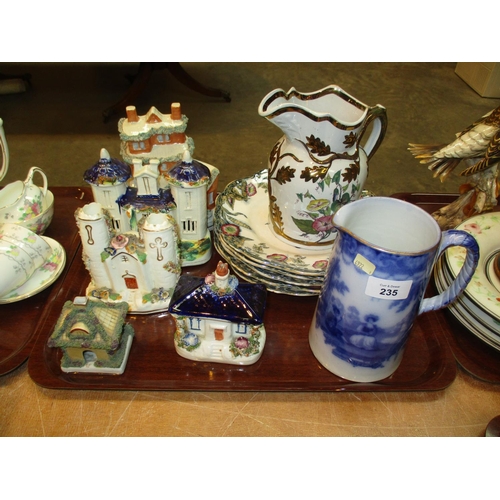 235 - Five Victorian Pottery Cottages, 5 Lustre Plates and 2 Jugs