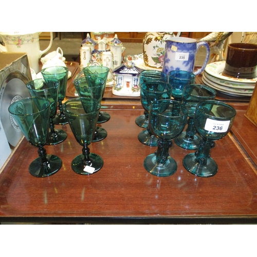 236 - Set of 6 Victorian Green Wine Glasses and a Set of 6 Blue Glass Roemers