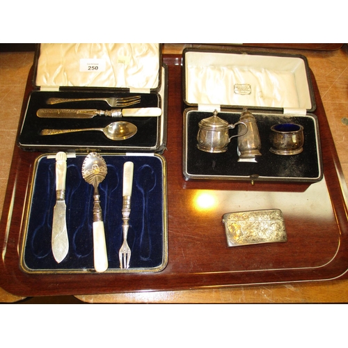 250 - Silver 3 Piece Condiment Set, Silver Card Case, Silver and Mother of Pearl Cutlery