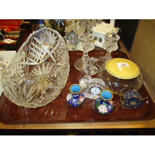 252 - Pair of Crystal Candlesticks and Boat Shaped Bowl, Waterford Clock, Powder Box Cloisonne etc