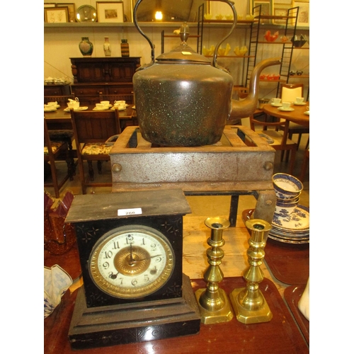 266 - 19th Century Metal Footman, Mantel Clock, Kettle and Pair of Candlesticks