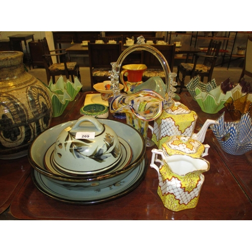 269 - Highland Stoneware Dish, Bowl and Covered Dish, Glass Basket and 3 Piece Tea Service