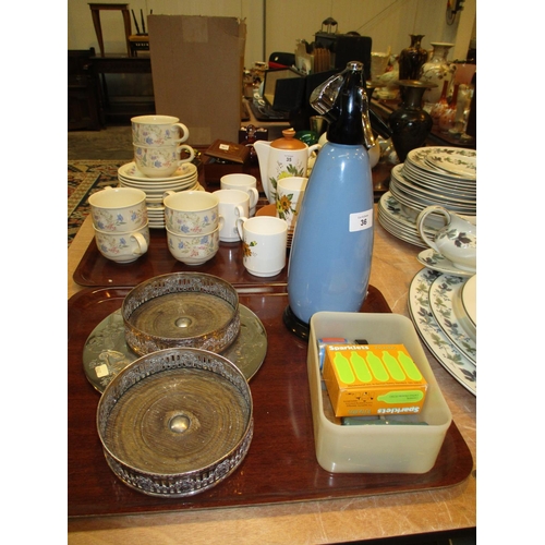 36 - Pair of Silver Plate and Wood Decanter Coasters, Place Mats and Soda Siphon