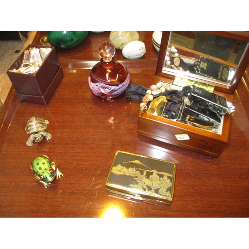 38 - Clover Musical Compact, Box of Jewellery, Scent Bottle, Frog and Tortoise Trinket Boxes