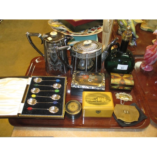 51 - Silver Plated Tea Pot, Water Jug and Coffee Spoons, Decanter, Mauchline and Other Boxes