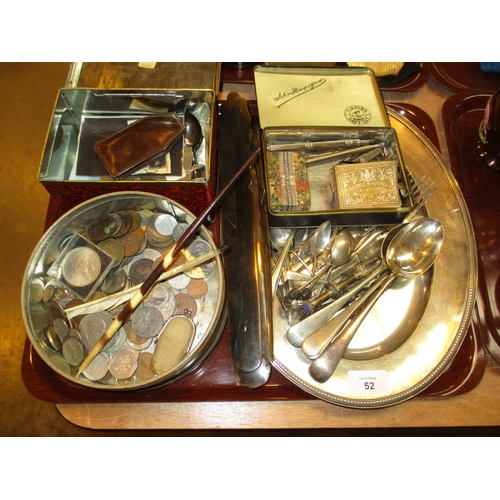 52 - Silver Plated Tray and Cutlery, Coins, Tins and Collectables