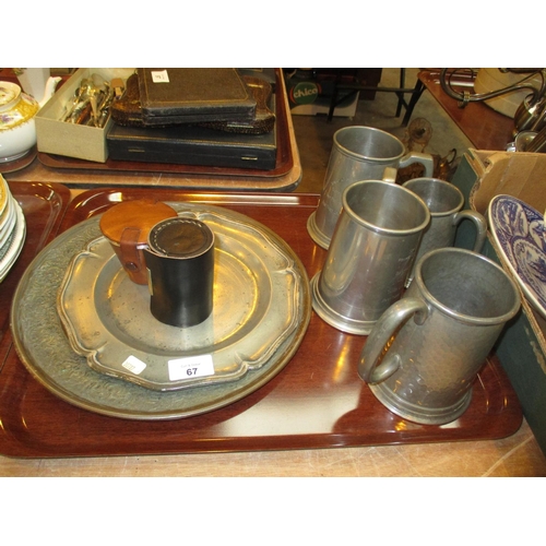 67 - Two Travelling Cups, Eastern Metal Plaque, Pewter Plate and 4 Tankards