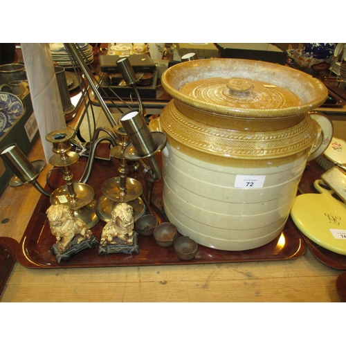 72 - Stoneware Crock, Pair of Candlesticks, Pair of Lions, 3 Treen Ladles and a Ceiling Light