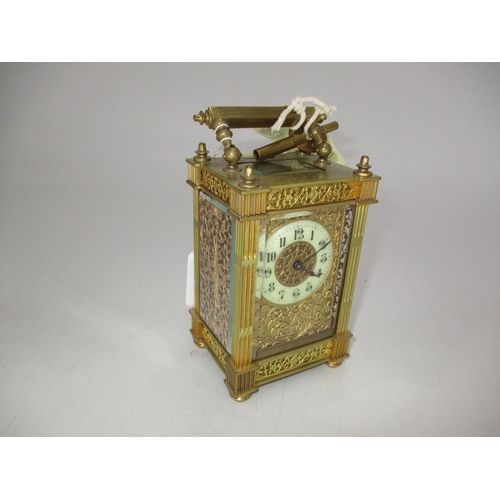 339 - Victorian Brass and Bevelled Glass Carriage Clock having Ornate Pierced Decoration, 12cm