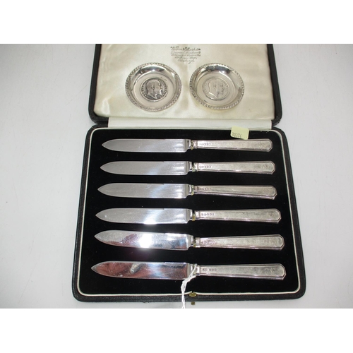 364 - Pair of 1904 and 1907 Rupee Coin Dishes and a Case of 6 Silver Handle Tea Knives