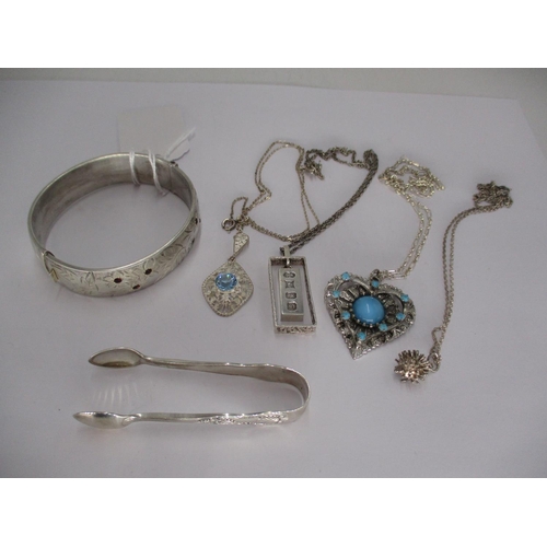 442 - Silver Hing Bangle Set with Red Stones, 4 Silver Necklaces and Silver Sugar Tongs