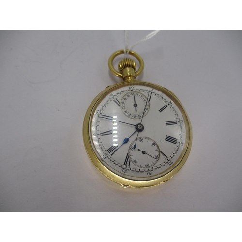 Continental 18ct Gold Open Face Pocket Watch having Dual Subsidiary Dials, 96.71g total, 5cm diameter