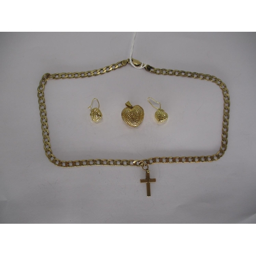 452 - 9ct Gold Necklace with a Cross Pendant, 9ct Gold Heart Pendant with Pair of Earrings, 19.34g total