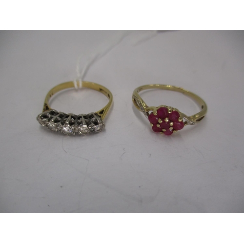 453 - 18ct Gold 5 Stone Diamond Ring, 2.5g, Size L, and a 9ct Gold Red Stone Ring, 3.93g total