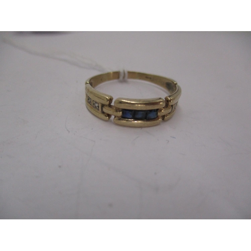 470 - Three Stone Square Cut Sapphire Ring with Small Diamond Shoulders in 9ct Gold Mount, 2.06g, Size L