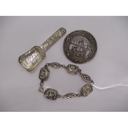 474 - Two Iona Pattern Silver Items - a Brooch with Pierced Galleon, a Bracelet, along with a Silver Mull ... 