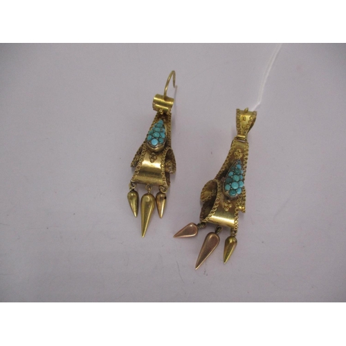 480 - Pair of Victorian Unmarked Gold and Turquoise Drop Earrings with Applied Wirework Borders and Tassel... 