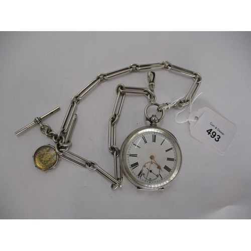 493 - Swiss Silver Open Faced Pocket Watch with Heavy Gauge Silver Albert Chain and Attached Fob