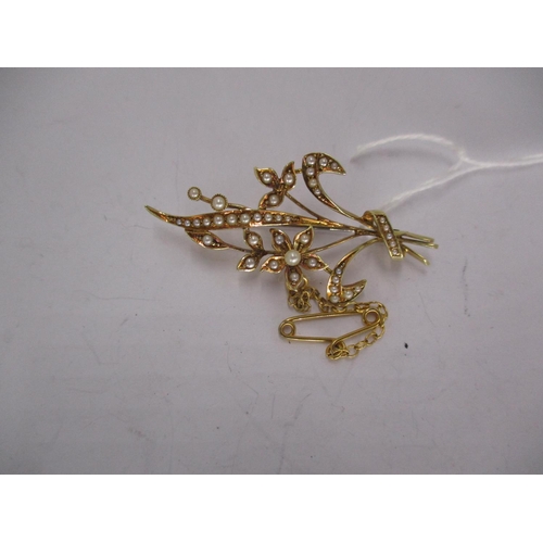 496 - 15ct Gold and Seed Peal Floral Spray Brooch, 4.7g