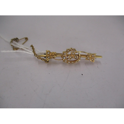 497 - 15ct Gold and Seed Pearl Shamrock and Crescent Bar Brooch, 3.4g