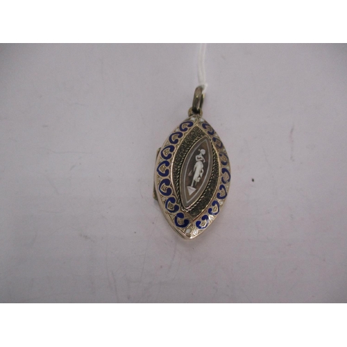 500 - Victorian Engraved Oval Locket with Navette Shaped Cameo within Blue Enamel Border