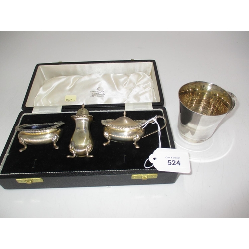 524 - Cased Silver 3 Piece Condiment Set, Sheffield 1959, and a Silver Plated Christening Cup