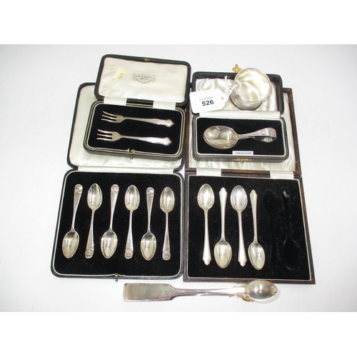 526 - Silver Items to include Sugar Tongs, Napkin Ring, Baby Spoon, Pair of Butter Forks, 6 Coffee Spoons,... 