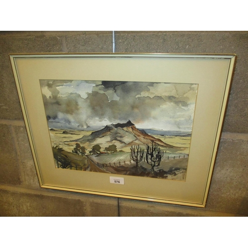 576 - Waldock 1956 Landscape Watercolour, along with a Cricket Print