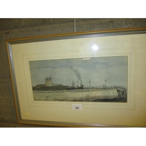 594 - Andrew Neilson, Watercolour, Broughty Castle, 17x36cm