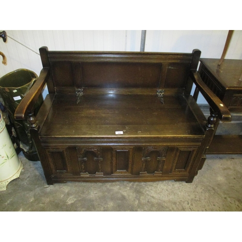 602 - Carved Oak Box Seat Hall Settle, 96cm