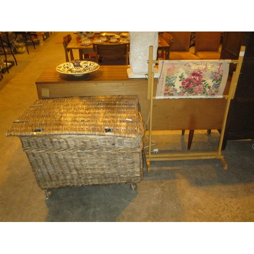 681 - Large Wicker Linen Hamper and a Tapestry Screen