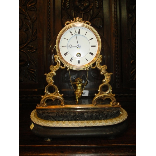 103 - Victorian Gilt Metal Mantel Clock having a Cherub in Swing Pendulum and Glass Dome