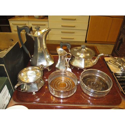 167 - Art Nouveau Silver Plate 4 Piece Tea Service and 2 Decanter Coasters