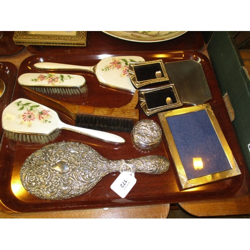 172 - Two Silver Back Hand Mirrors, Silver Top Trinket Box and 3 Silver Figures along with 3 Brushes and a... 