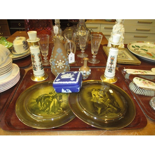 174 - Doulton Silicone Jug and Vase, Wedgwood Trinket Box, Lenox Candlesticks and 2 Rabbie Burns Plaques