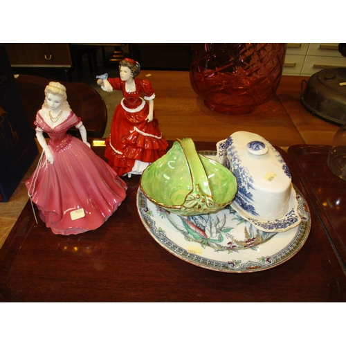 175 - Coalport and Royal Doulton Figures, 2 Plates, Basket and Butter Dish