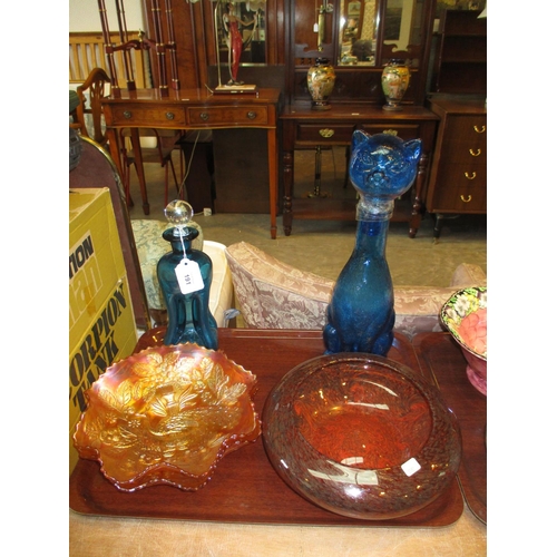 191 - Strathearn Glass Bowl, Pair of Carnival Glass Dishes, Decanter and Cat Bottle